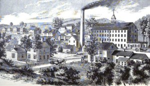 An engraving of the mill complex from an 1876 history of the city